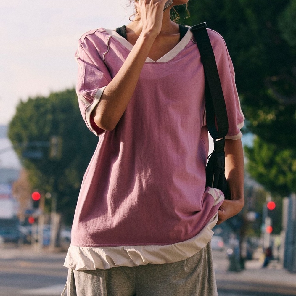 Free People Pink & Cream Short Sleeve Layered Tee